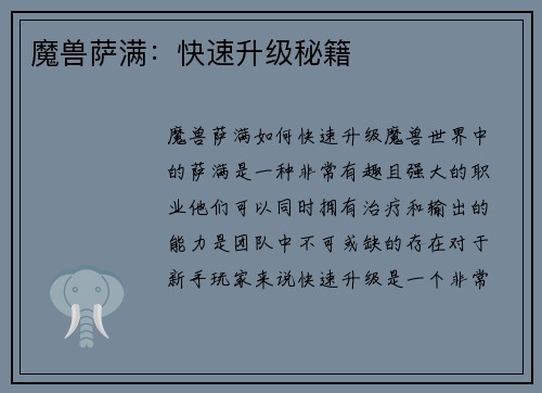 魔兽萨满：快速升级秘籍